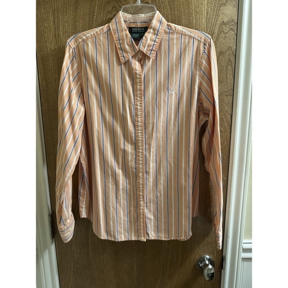 Lauren Ralph Lauren Tops - Ralph Lauren Womens Stripped Button Down Dress Shirt Size L Monogram Orange Blue